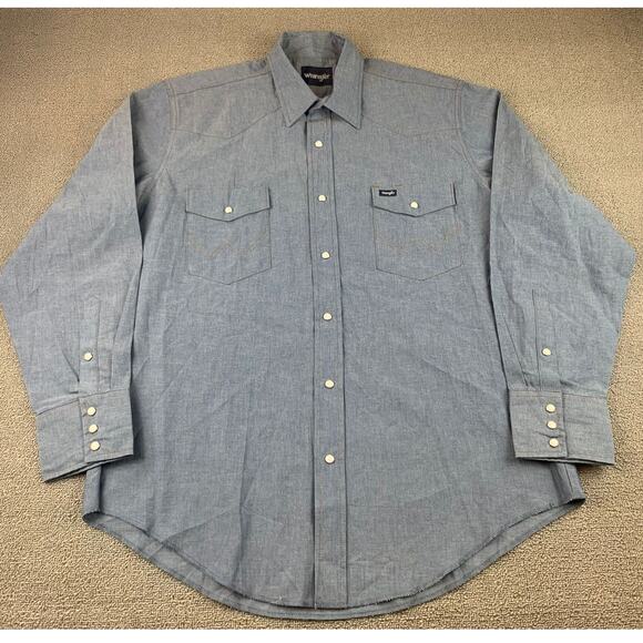 Y2K Wrangler Men's 17x35 Blue Shirt with Western Pearl Snaps Long Sleeve - Picture 1 of 10